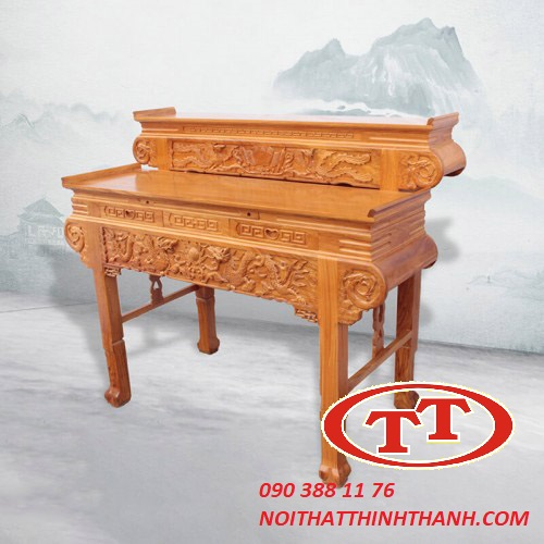 Bàn Thờ Gia Tiên 2 Cấp 4 Chân Mẫu Cuốn Thư Gỗ Gõ Đỏ - BTGT009