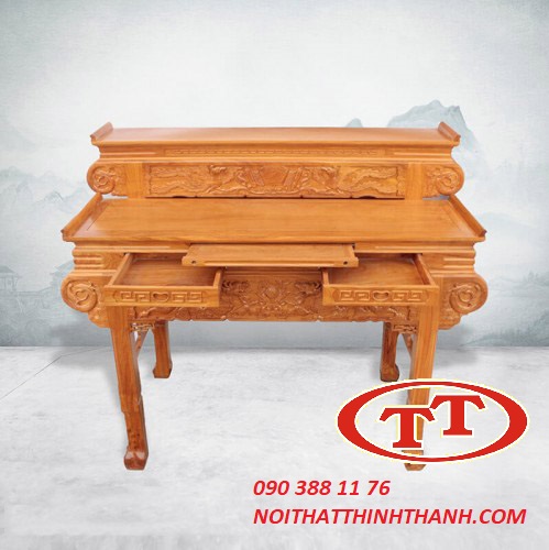 Bàn Thờ Gia Tiên 2 Cấp 4 Chân Mẫu Cuốn Thư Gỗ Gõ Đỏ - BTGT009