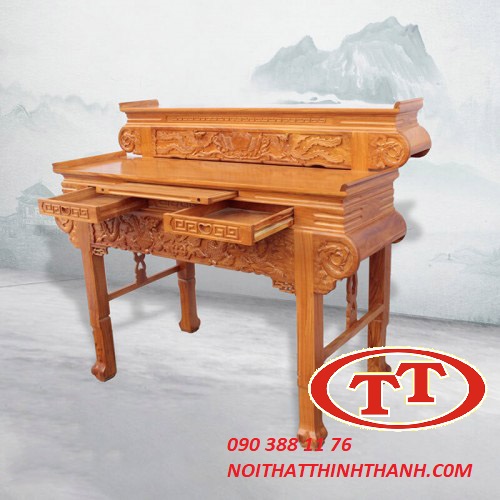 Bàn Thờ Gia Tiên 2 Cấp 4 Chân Mẫu Cuốn Thư Gỗ Gõ Đỏ - BTGT009